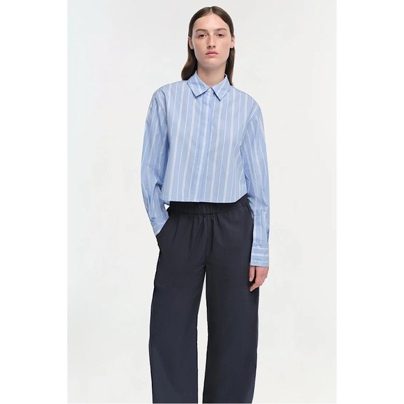 Simkhai Tops - SIMKHAI Cropped Striped Button Down Shirt Wide Oxford Blue Stripe 424-2143-CAP L